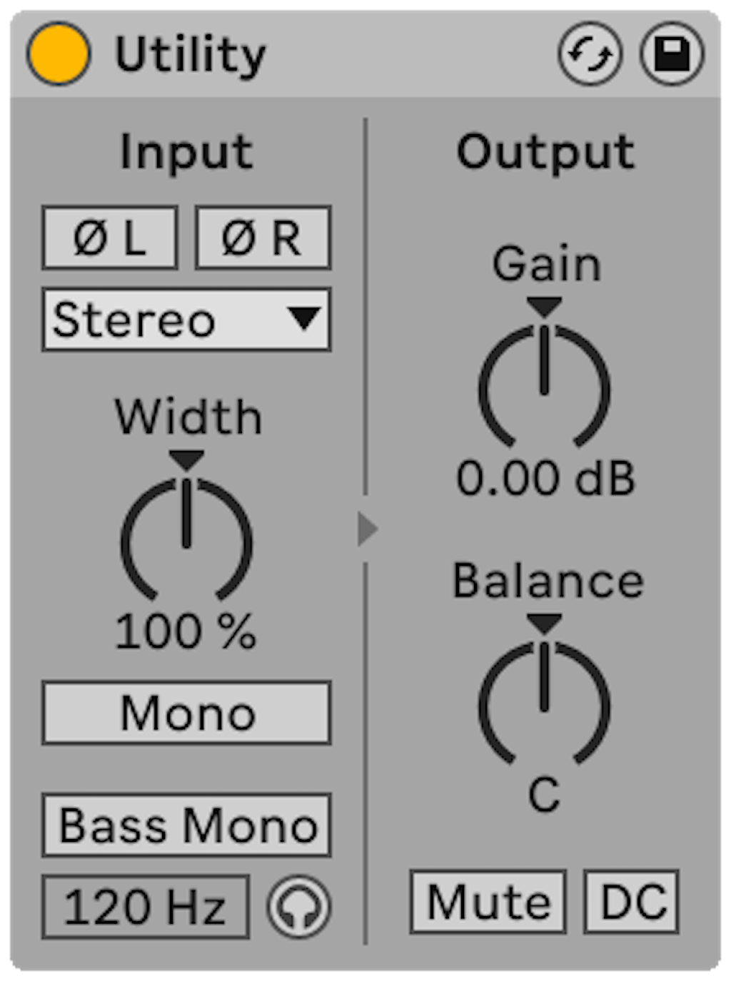 Ableton Utility device showing Bass Mono